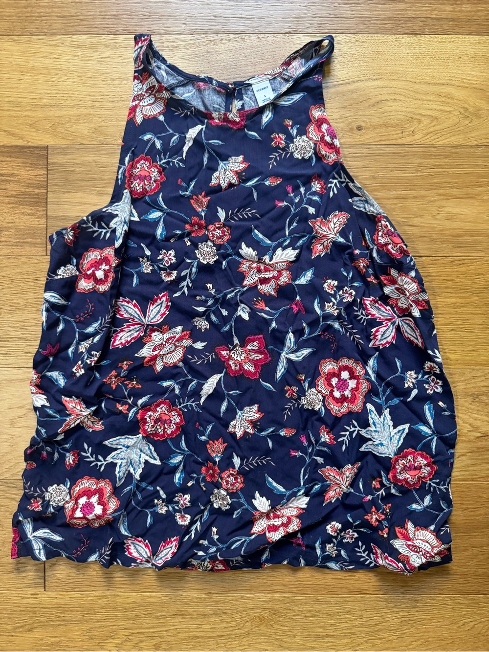 Old Navy Navy Floral High-Neck Tank with Red & Cream Flowers